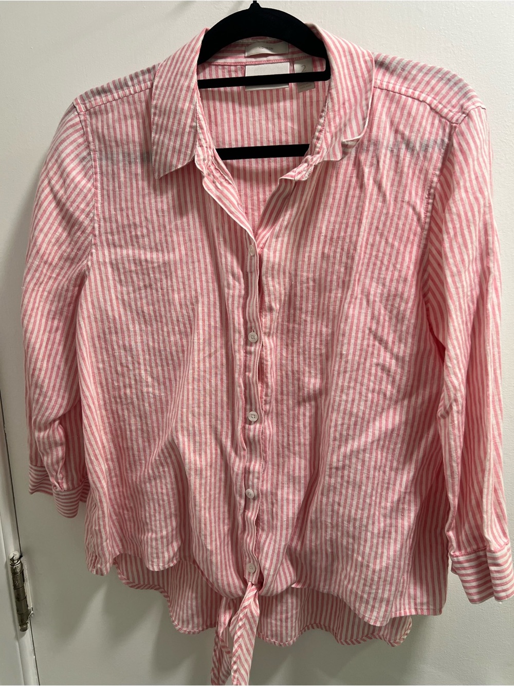 Chico's 100% linen Pink/White Striped Tie-Hem Button Shirt chicos size 2